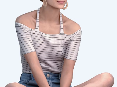 Woman In Off Shoulder Striped Ribbed Top And Denim Shorts Sitting Cross Legged With Gold Hoop Earrings 3d model