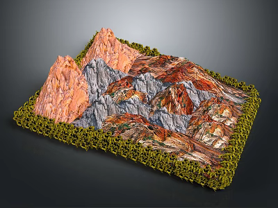 3D Terrain Model with Colorful Mountain Rock Layers and Green Grid Border 3d model