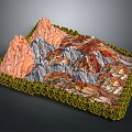 3D Terrain Model with Colorful Mountain Rock Layers and Green Grid Border