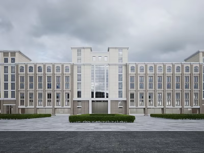 Modern Office Building Exterior With Symmetrical Design Large Windows And Landscaped Plaza 3d model