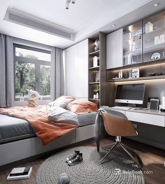 Tatami Bedroom Interior Design With Bed Orange Blanket Window Curtains Bookshelf Desk Computer And Chair 3d model 