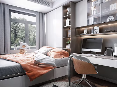 Tatami Bedroom Interior Design With Bed Orange Blanket Window Curtains Bookshelf Desk Computer And Chair 3d model
