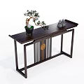 Chinese Style Console Table With Pine Bonsai Decorative Figurines And Circular Motif