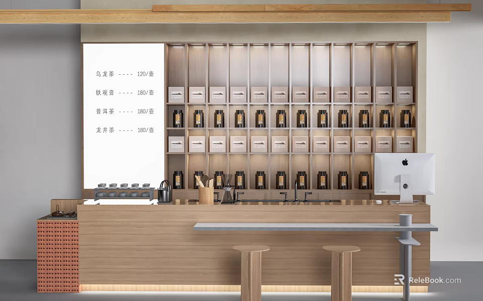 Modern Wooden Reception Desk With Menu Board Display Shelves And Stools 3d model 