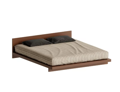 Modern Wooden Platform Double Bed With Striped Bedspread And Black Pillows 3d model