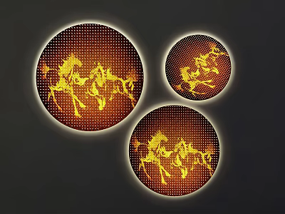 Three Circular Wall Decor With Golden Horse Patterns And Grid Texture 3d model