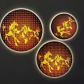 Three Circular Wall Decor With Golden Horse Patterns And Grid Texture