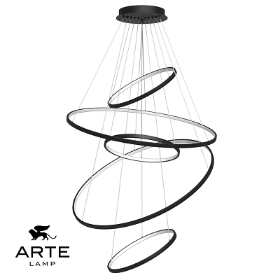 Modern Spiral Chandelier Design With Black Circular Rings And Hanging Structure 3d model