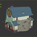 Cartoon Style Building With Blue Roof Chimney Circular Red Yellow Decoration White Gray Body