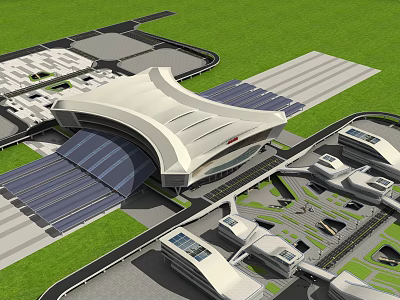 Modern Airport Terminal Architecture With Curved Roof Solar Panels And Runway 3d model