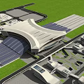 Modern Airport Terminal Architecture With Curved Roof Solar Panels And Runway