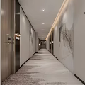 Elegant Hotel Corridor With Decorative Paintings Room Doors Recessed Lighting And Carpeted Floor