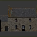 Traditional Stone House Exterior View With Grey Roof Orange Patches Chimneys Windows And Door