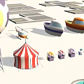 Cartoon City Scene With Tall Colorful Buildings Various Shaped Houses Football Field And Towers