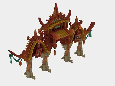 Traditional Ancient Chinese Architecture Gate With Ornate Roof Carved Pillars And Hanging Decorations 3d model