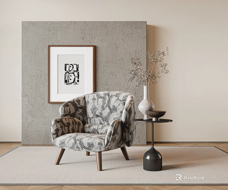 Patterned Accent Chair With Wooden Legs Near Gray Wall Art Vase On Side Table 3d model 