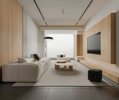 Modern Living Dining Room Interior With Beige Sofa Wooden TV Wall And Floor Lamp 3d model