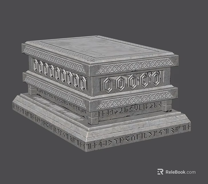 Gray Stone Box With Layered Structure And Intricate Geometric Carvings 3d model 