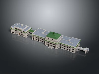 European Architecture Design With Green Roof White Walls And Arched Windows Details 3d model