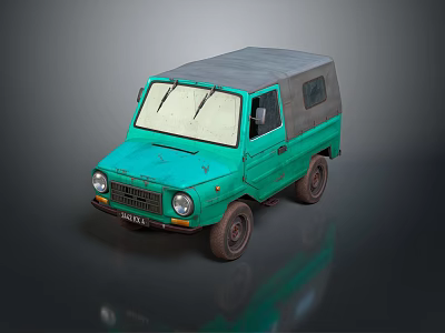 Vintage Green Vehicle Compact Design With Roof Cover Side Windows And Wheels 3d model