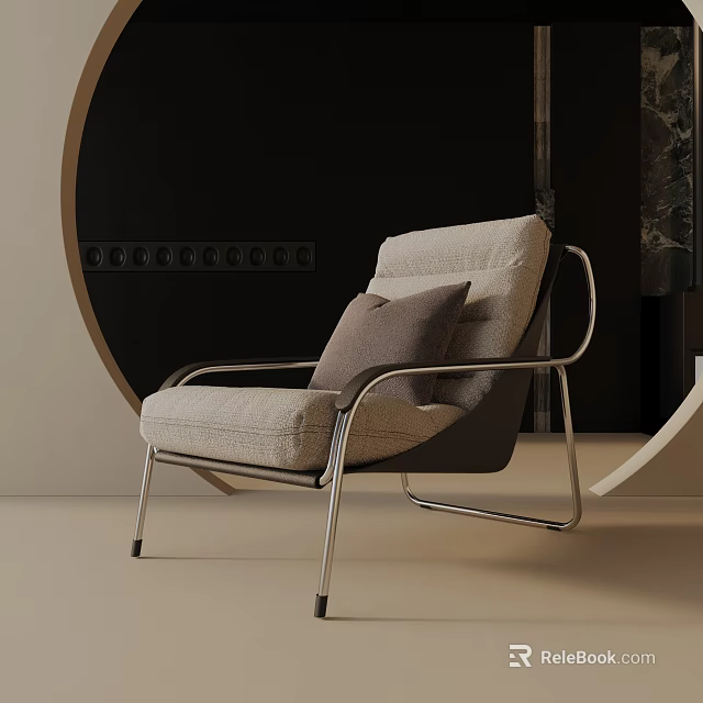 Modern Light Gray Lounge Chair With Brown Pillow And Chrome Metal Frame Design 3d model 