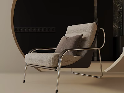 Modern Light Gray Lounge Chair With Brown Pillow And Chrome Metal Frame Design 3d model