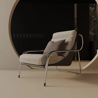 Modern Light Gray Lounge Chair With Brown Pillow And Chrome Metal Frame Design 3d model