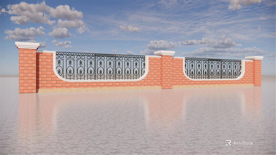 Building Exterior Wall Featuring Red Brick Patterned Iron Railings And Blue Sky With White Clouds 3d model