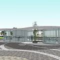 Modern Architectural Design With Curved Roof And Glass Facade In Open Plaza Space