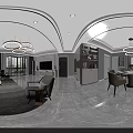 Modern Living And Dining Room Interior With Sofa Coffee Table TV Chandeliers And Windows