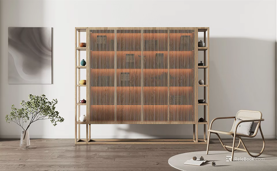 Modern Minimalist Wooden Decorative Cabinet With Vertical Slat Design Open Shelves And Small Ornaments 3d model 