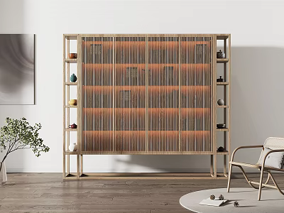 Modern Minimalist Wooden Decorative Cabinet With Vertical Slat Design Open Shelves And Small Ornaments 3d model