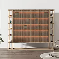 Modern Minimalist Wooden Decorative Cabinet With Vertical Slat Design Open Shelves And Small Ornaments