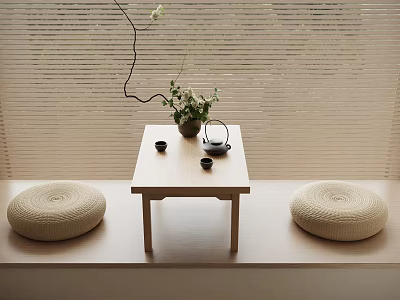 Japanese Style Tea Table With Floor Cushions Teapot Tea Cups Green Plant And Blinds Background 3d model