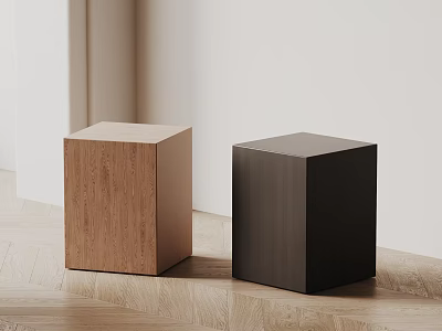 Cube Shaped Wooden and Black Stools on Wooden Floor with Minimalist Background 3d model
