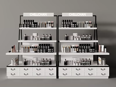 CHILCHAN Display Shelves With Multiple Layers Holding Various Bottles And Containers And Bottom Drawers 3d model