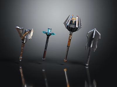 Intricate Fantasy Weapons Collection With Axe Staff Mace And Shield Designs 3d model