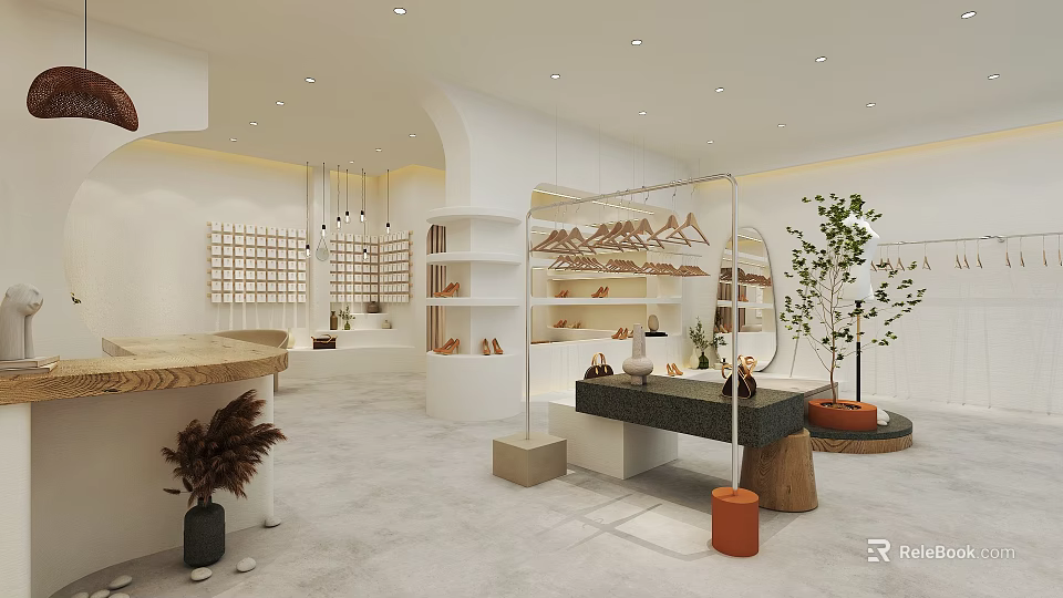 Modern Clothing Store Interior With Open Layout Display Racks And Decorative Plants 3d model 