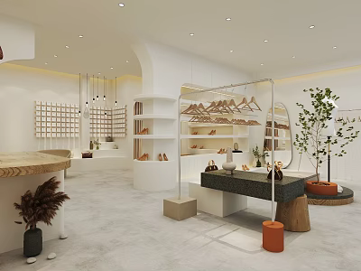 Modern Clothing Store Interior With Open Layout Display Racks And Decorative Plants 3d model