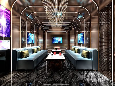 Modern KTV Room Interior Design With Comfortable Sofa TV Screen Coffee Table And LED Lighting 3d model