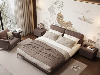 Tranquil Bedroom Interior Design With King Bed Nightstands Wall Art And Armchair By Window 3d model