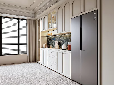 Modern Kitchen Sideboard Design With White Glass Door Cabinets And Refrigerator 3d model