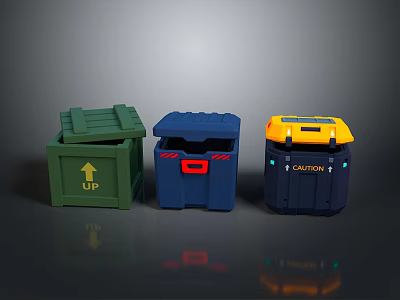 Three Multicolored Household Waste Bins With UP Arrow Red Label And CAUTION Text 3d model