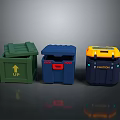 Three Multicolored Household Waste Bins With UP Arrow Red Label And CAUTION Text