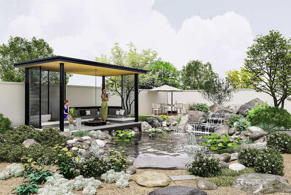 Tranquil Garden Water Fountain With Pavilion Stones Small Waterfall And Water Lilies 3d model 