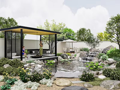 Tranquil Garden Water Fountain With Pavilion Stones Small Waterfall And Water Lilies 3d model