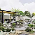 Tranquil Garden Water Fountain With Pavilion Stones Small Waterfall And Water Lilies