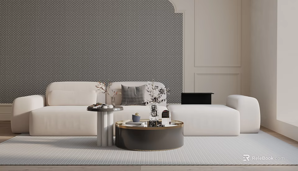 White Three-Seater Sofa Modern Living Room With Geometric Wallpaper Paneled Walls And Round Coffee Table 3d model 