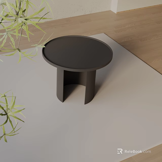 Black Round Side Table With Stylish Base On Light Rug And Wooden Floor 3d model 