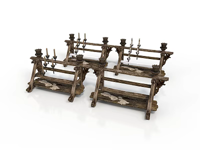 Traditional Wooden Furniture With Four Carved Candle Holders And Decorative Details 3d model